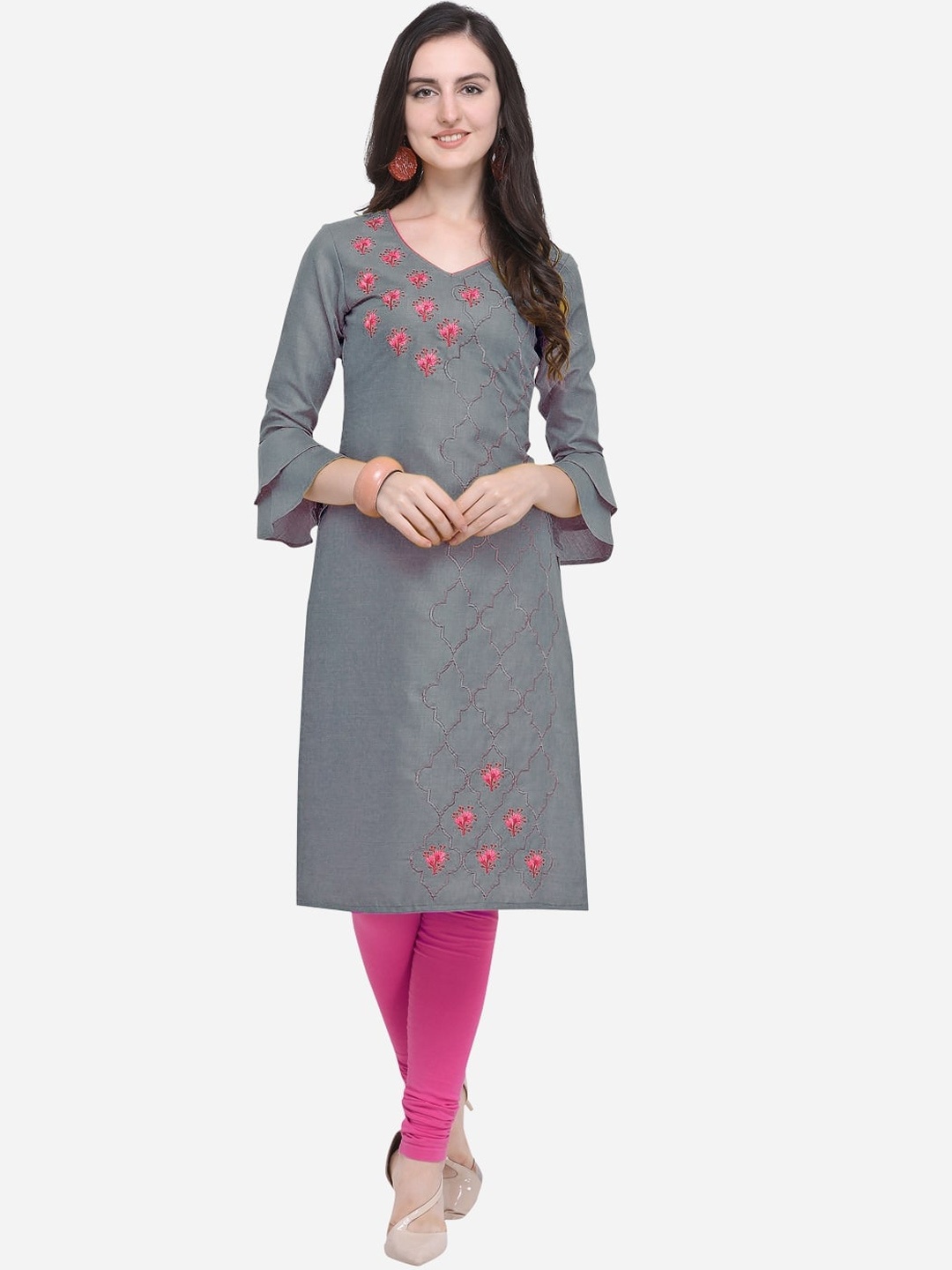 

KALINI Women Grey Ethnic Motifs Embellished Flared Sleeves Thread Work Kurta