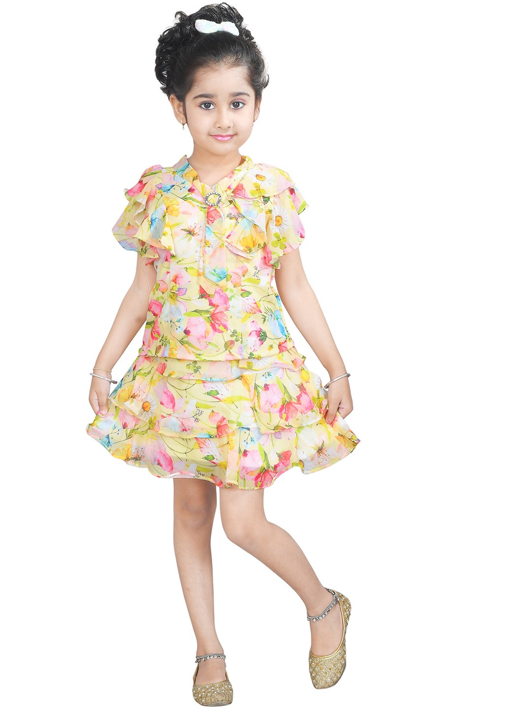 

Toonyport Girls Yellow & Pink Floral Printed Top with Skirt