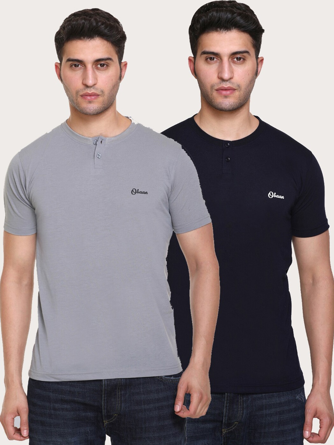 

Obaan Men Grey & Navy Blue Henley Neck T-shirt Set Of 2