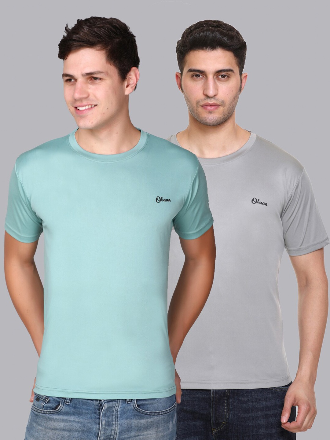 

Obaan Men Sea Green & Green Training or Gym T-shirt With Dri-FIT Technology Set Of 2