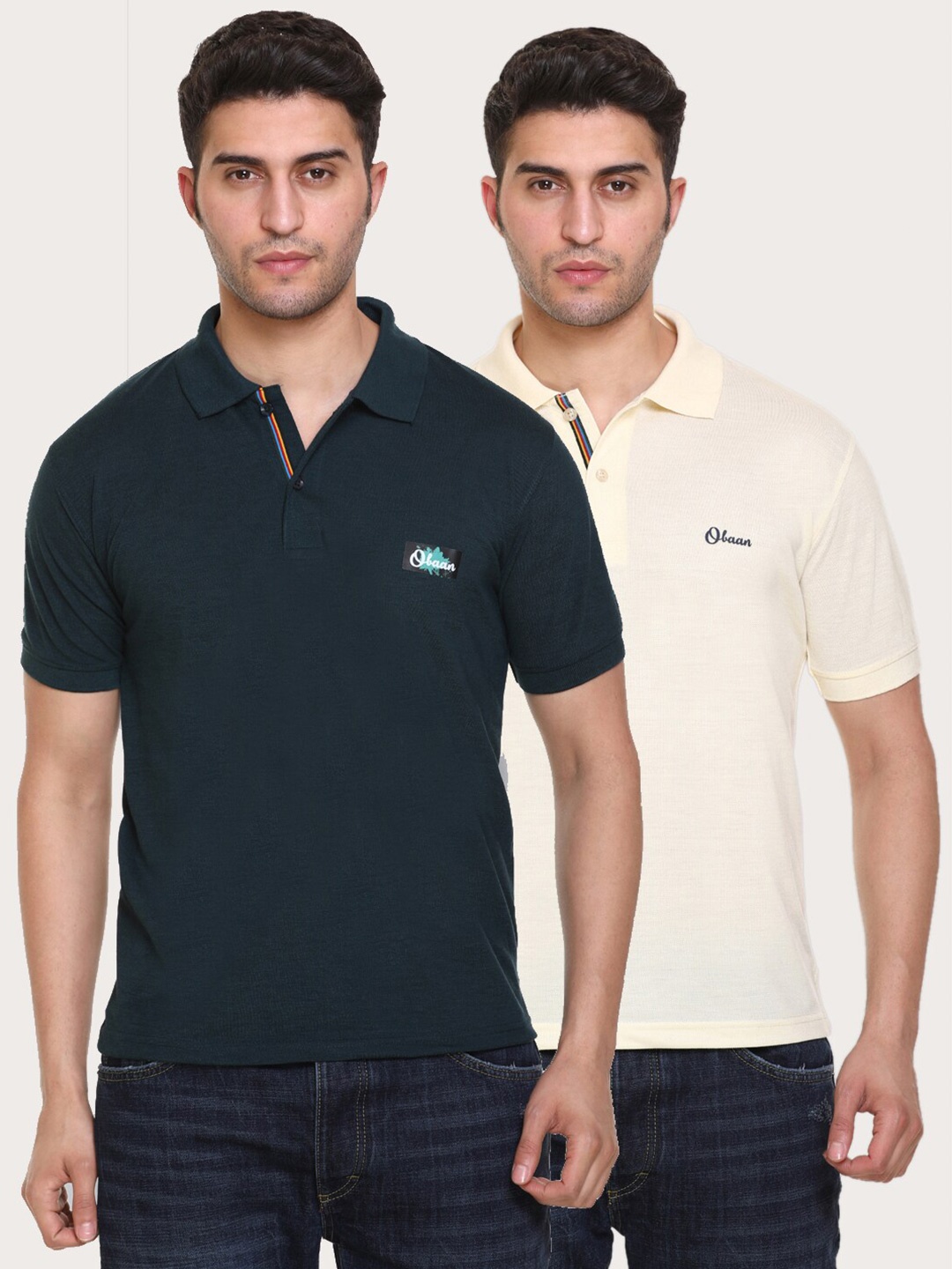 

Obaan Men Green & Off White Polo Collar T-shirt Set Of 2