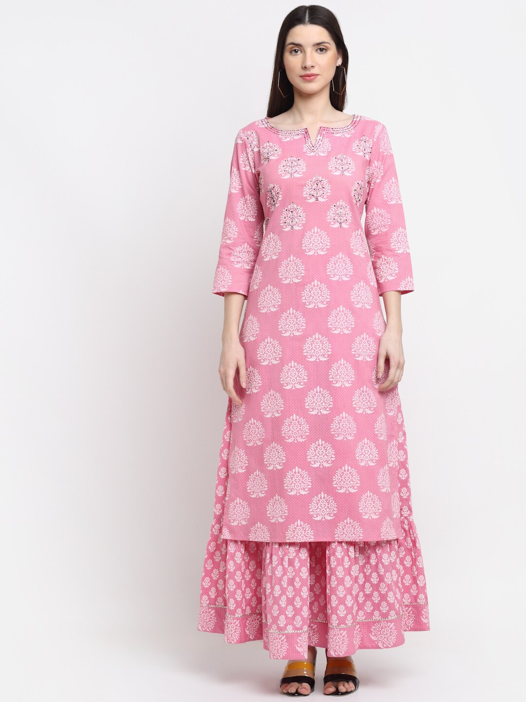 

MYAZA Women Pink Ethnic Motifs Printed Thread Work Pure Cotton Kurti with Skirt