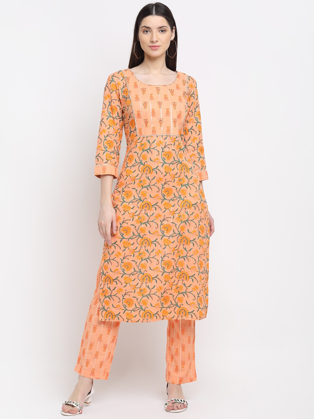 

MYAZA Women Peach-Coloured Printed Panelled Thread Work Pure Cotton Kurti with Trousers