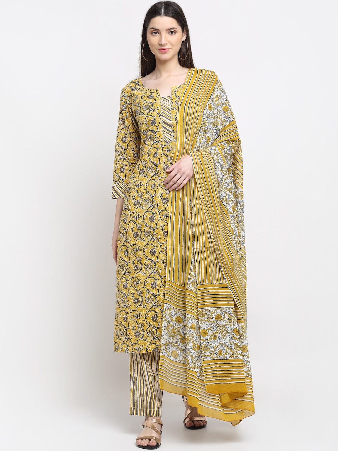 

MYAZA Women Mustard Yellow Ethnic Motifs Printed Gotta Patti Pure Cotton Kurti with Palazzos & With Dupatta