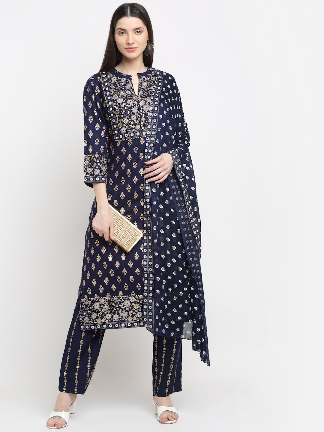 

MYAZA Women Blue Paisley Printed Layered Gotta Patti Kurti with Trousers & With Dupatta