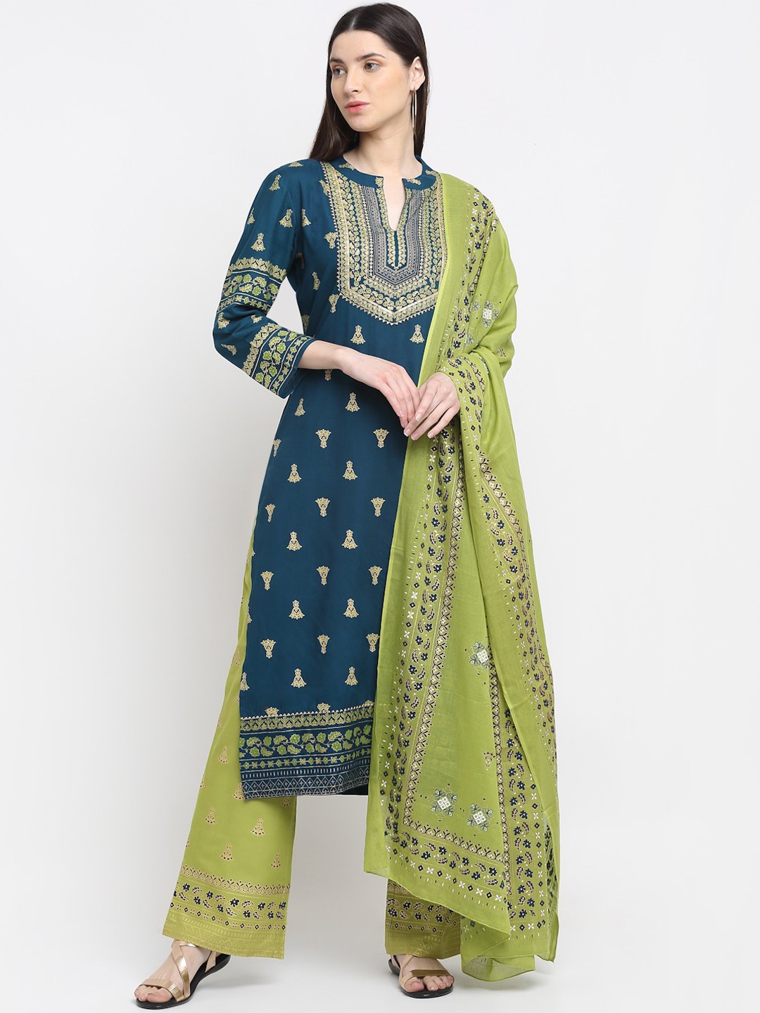 

MYAZA Women Navy Blue Ethnic Motifs Embroidered Gotta Patti Kurti with Palazzos & With Dupatta