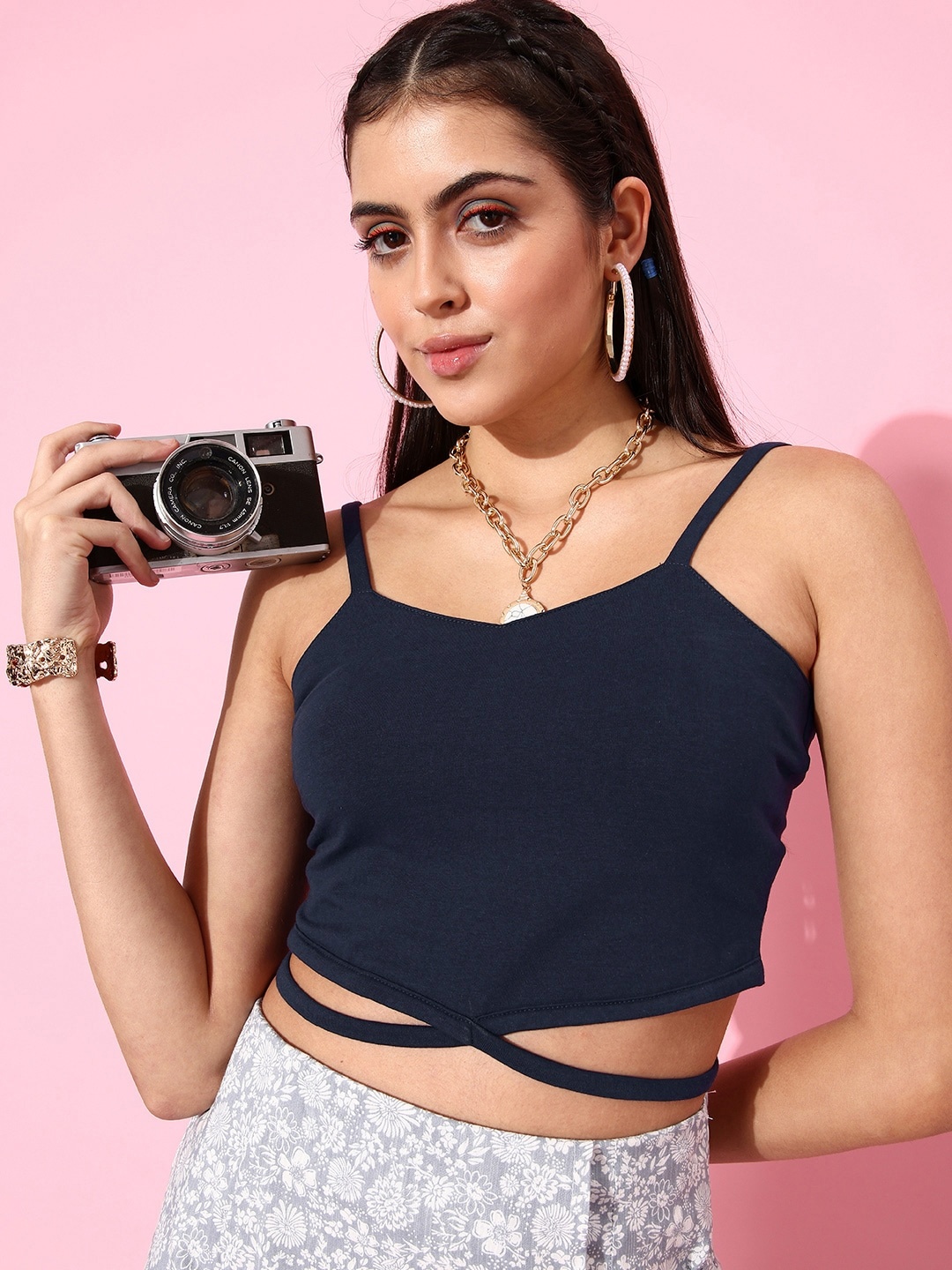 

Moda Rapido Navy Blue Solid Midriff Flossing Top