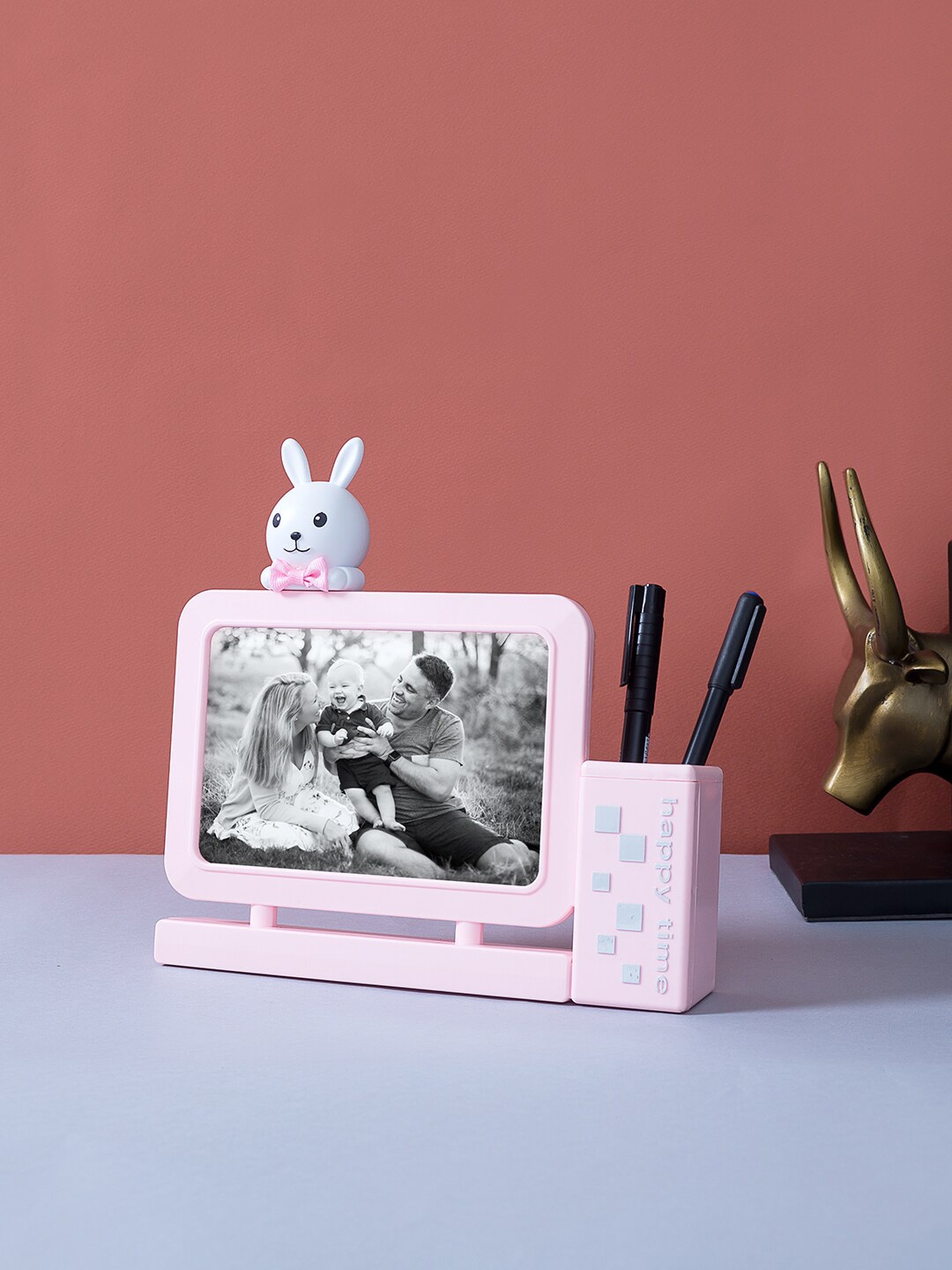 

Golden Peacock Pink & White Bunny Rabbit Horizontal Table Top Photo Frame With Pen Holder