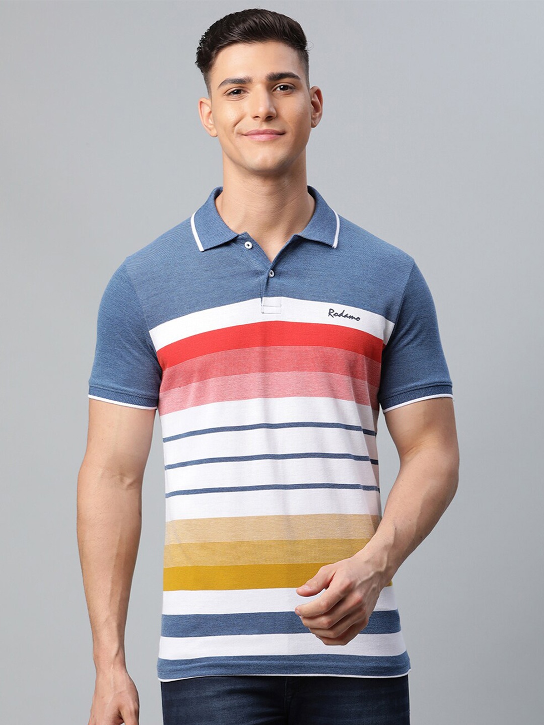 

Rodamo Men White & Blue Striped Polo Collar Slim Fit T-shirt