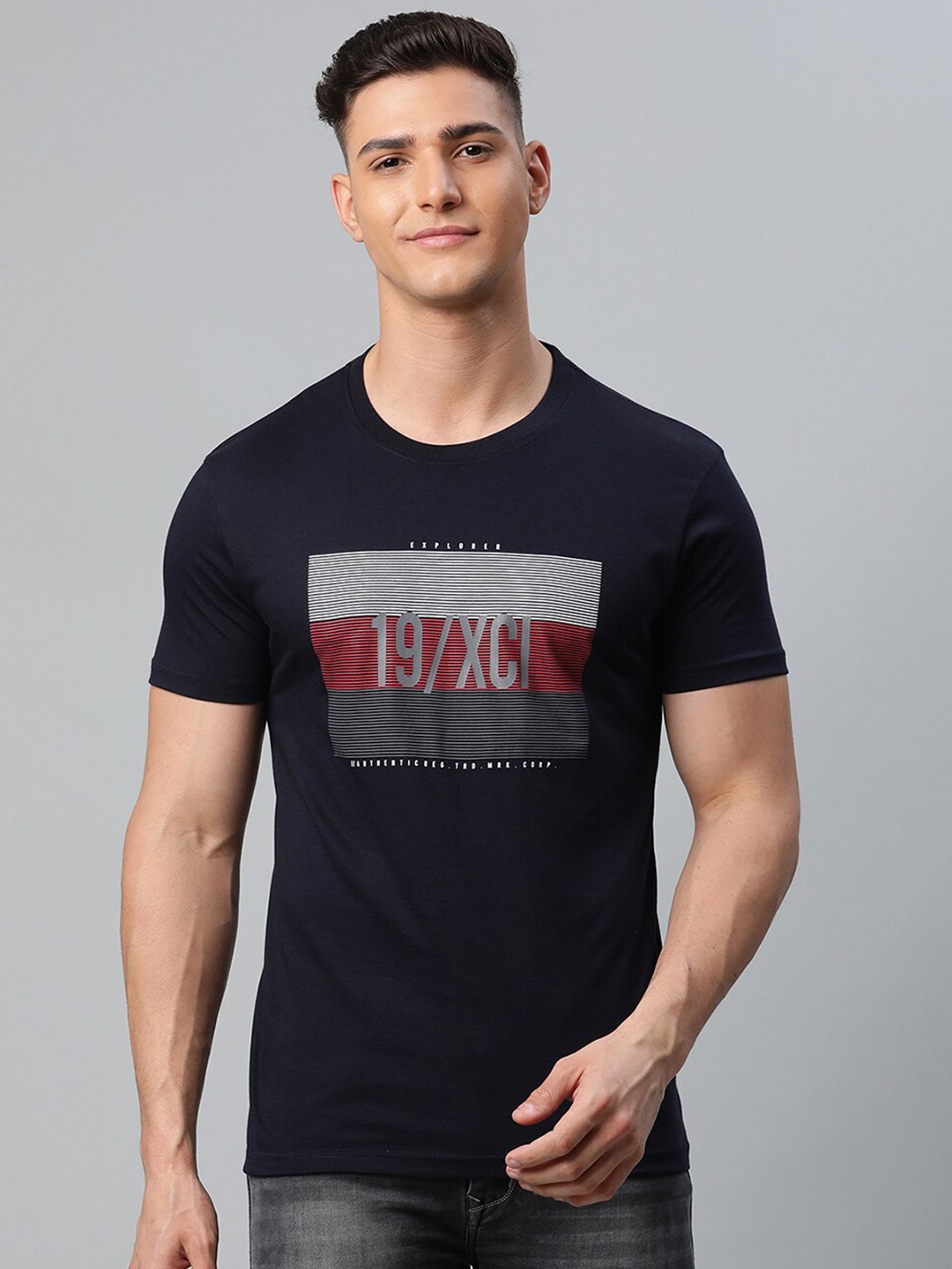 

Rodamo Men Navy Blue Typography Printed Slim Fit T-shirt