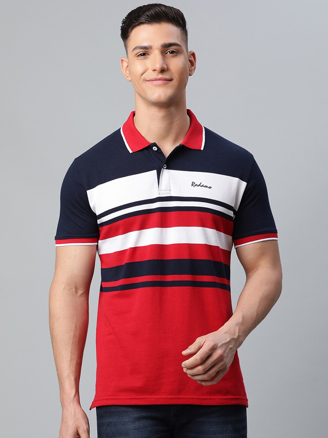

Rodamo Men Red & Black Striped Polo Collar Slim Fit T-shirt