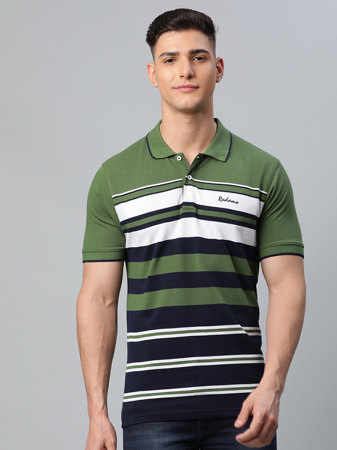 

Rodamo Men Olive Green & Black Striped Polo Collar Slim Fit T-shirt