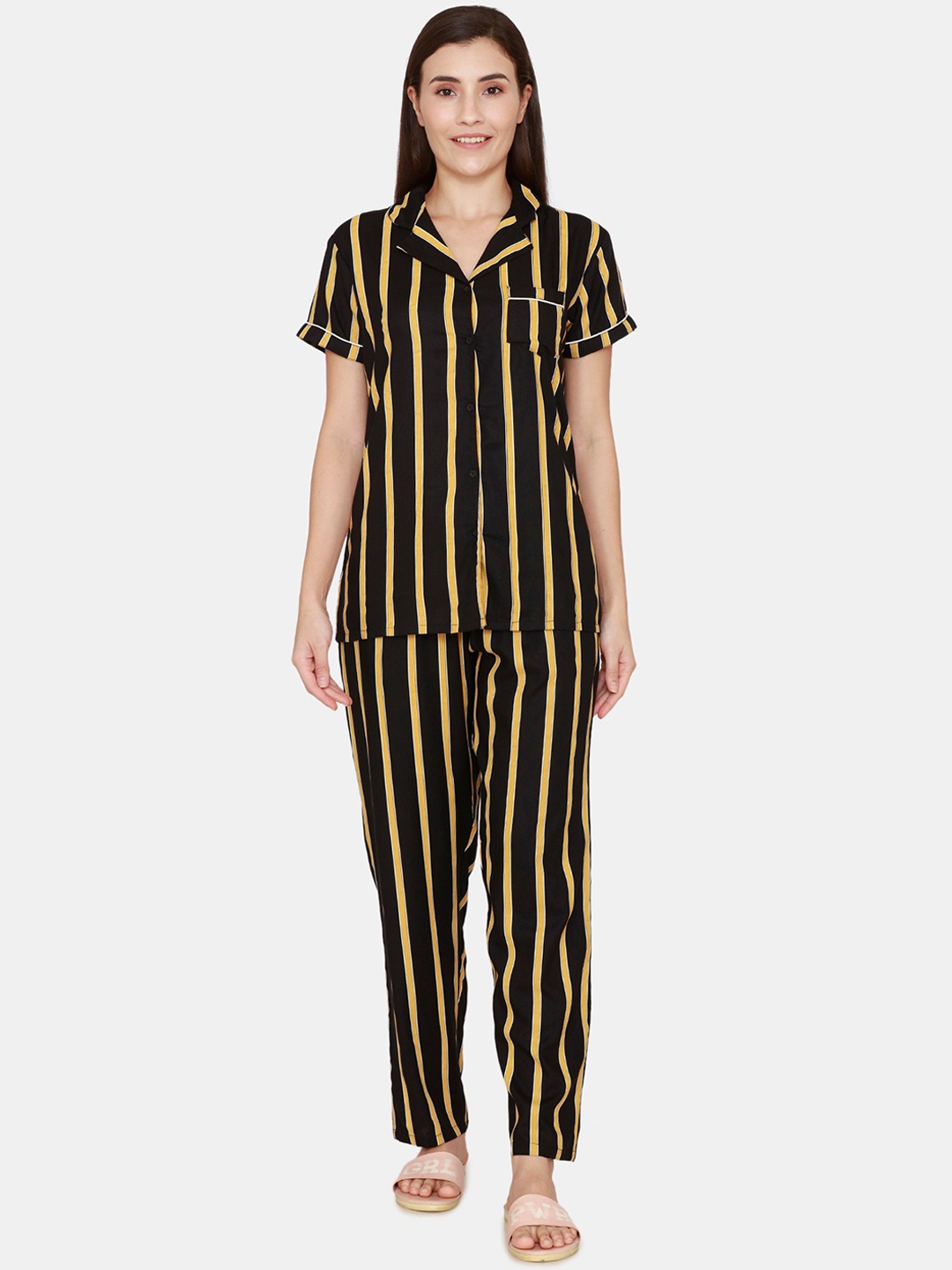 

Coucou by Zivame Women Yellow & Black Striped Night suit