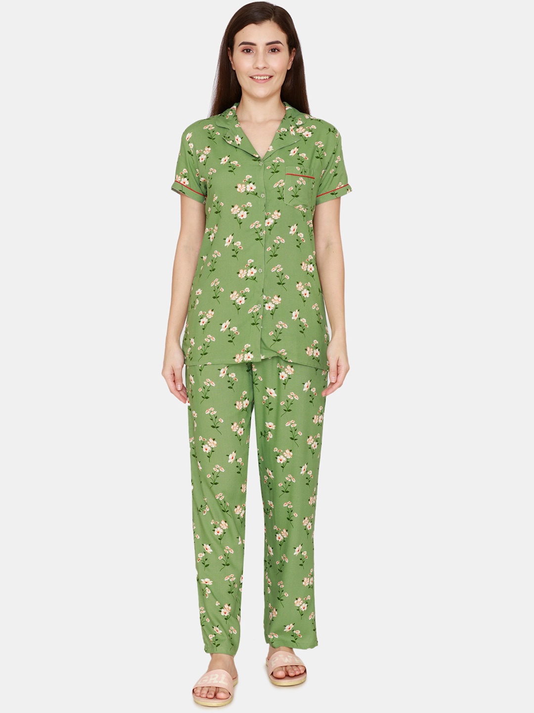 

Coucou by Zivame Women Green & White Floral Printed Night suit