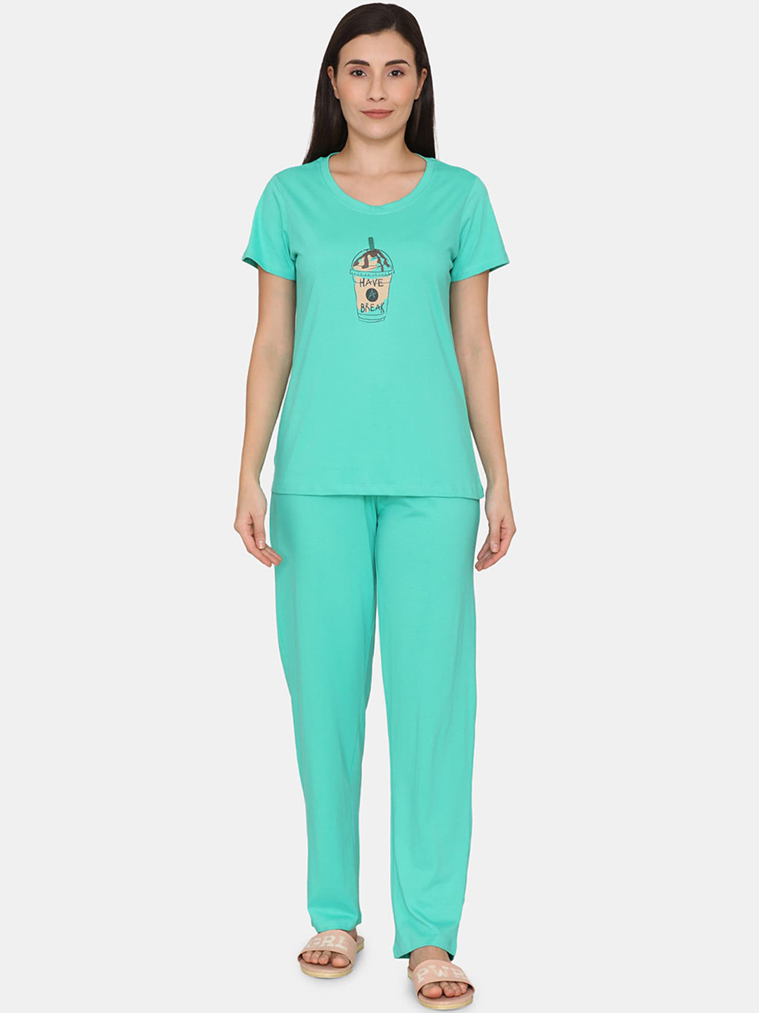 

Coucou by Zivame Women Turquoise Blue Solid Pure Cotton Night suit