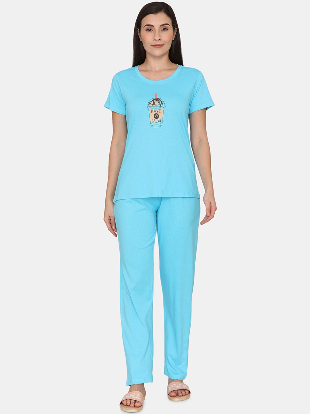 

Coucou by Zivame Women Blue Graphic Printed Pure Cotton Night Suit