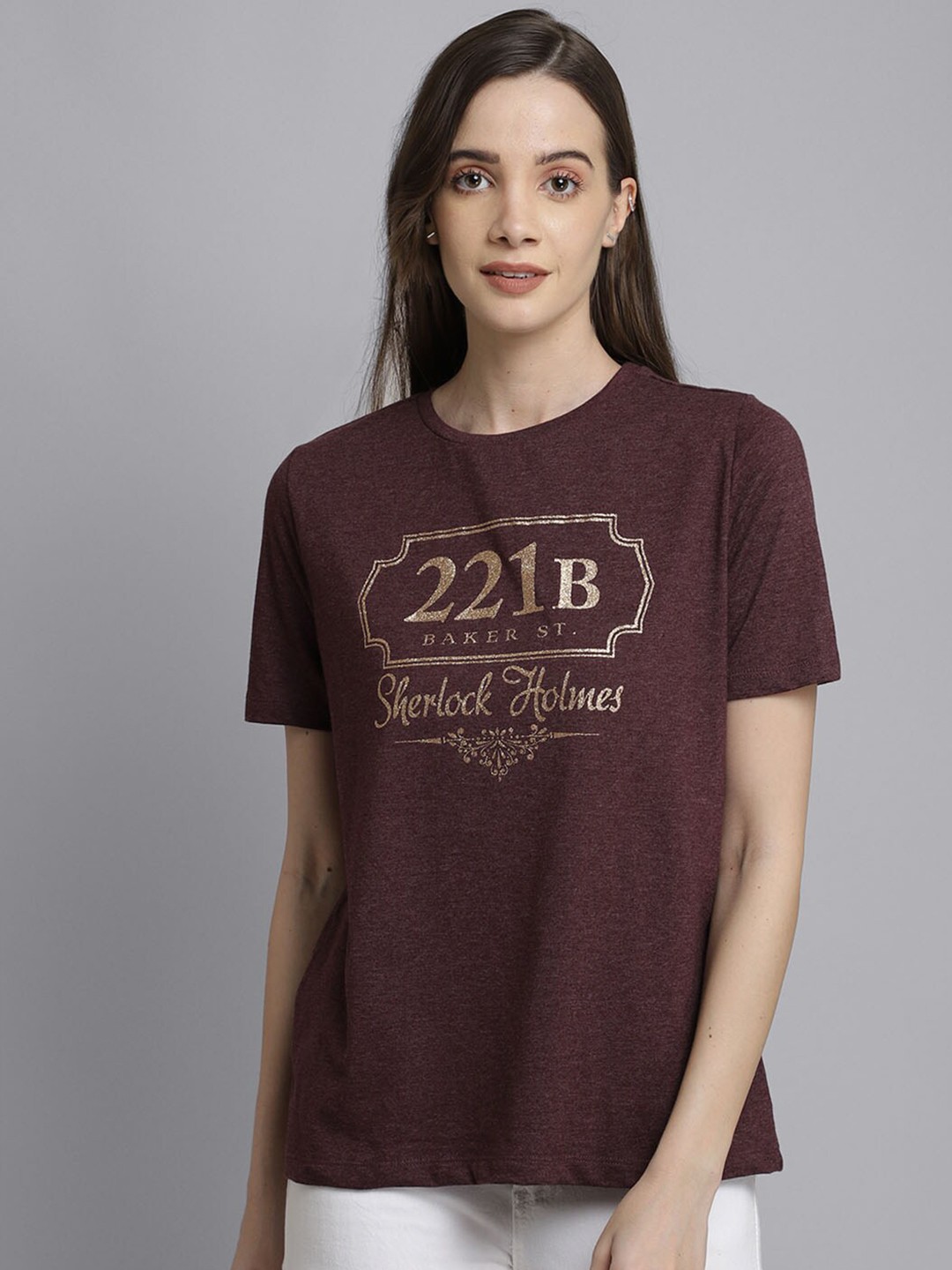 

Free Authority Women Brown Sherlock Typography Cotton T-shirt
