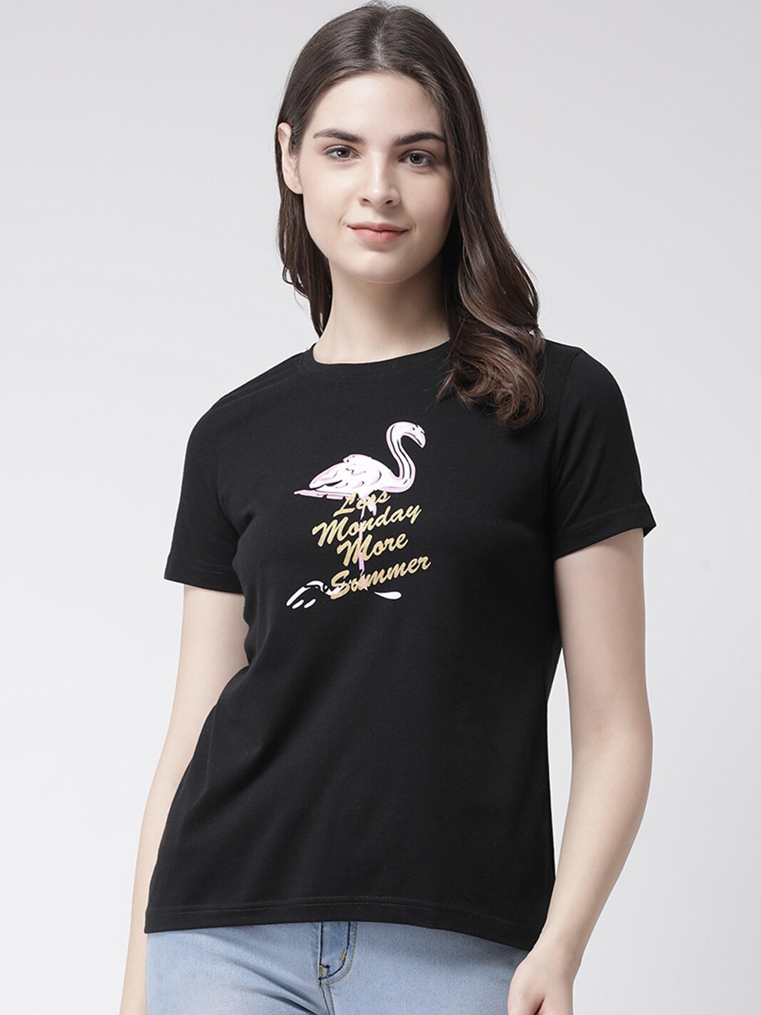 

Club York Women Black Typography Printed Cotton T-shirt