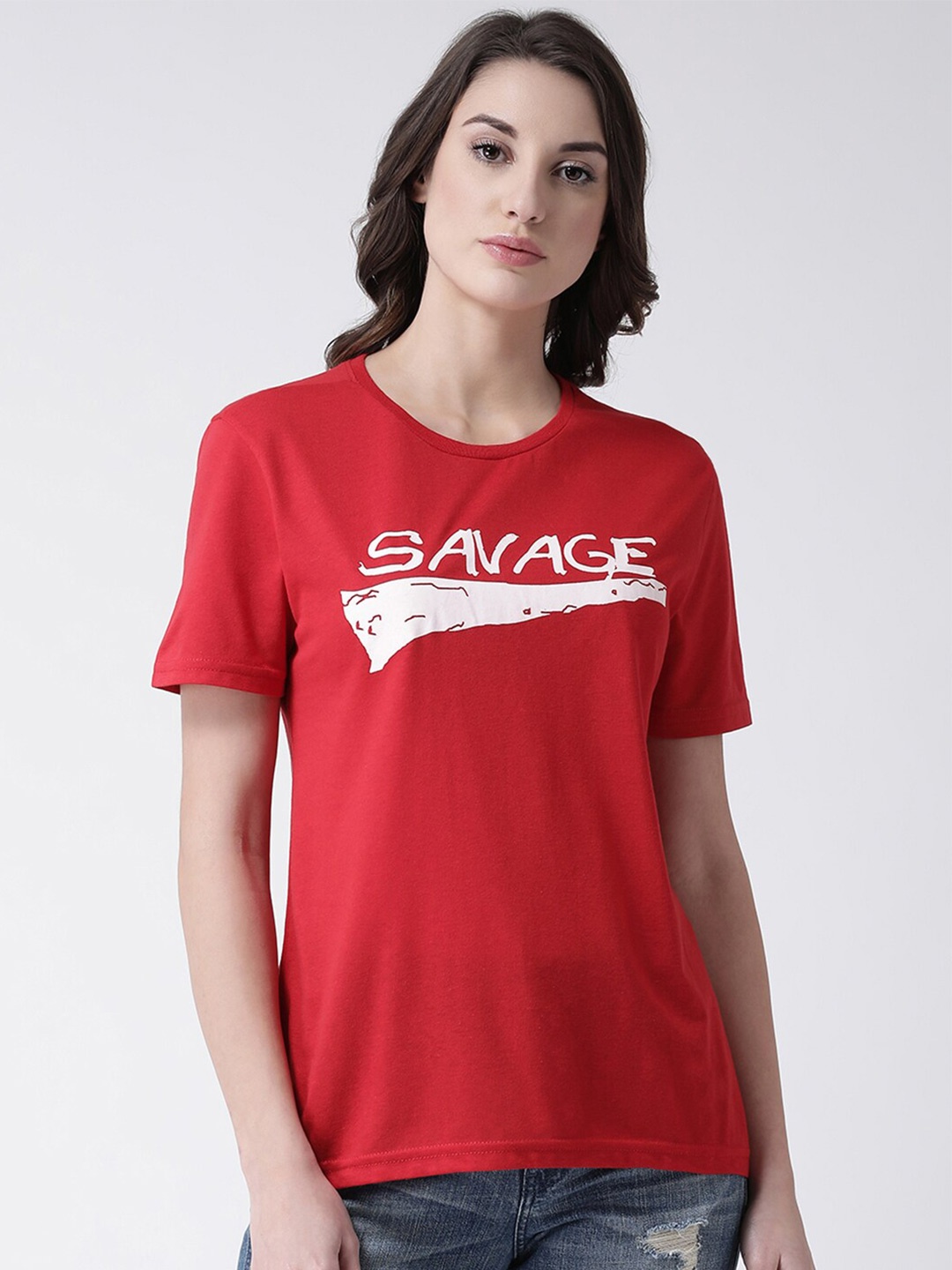 

Club York Women Red Typography Printed Cotton T-shirt