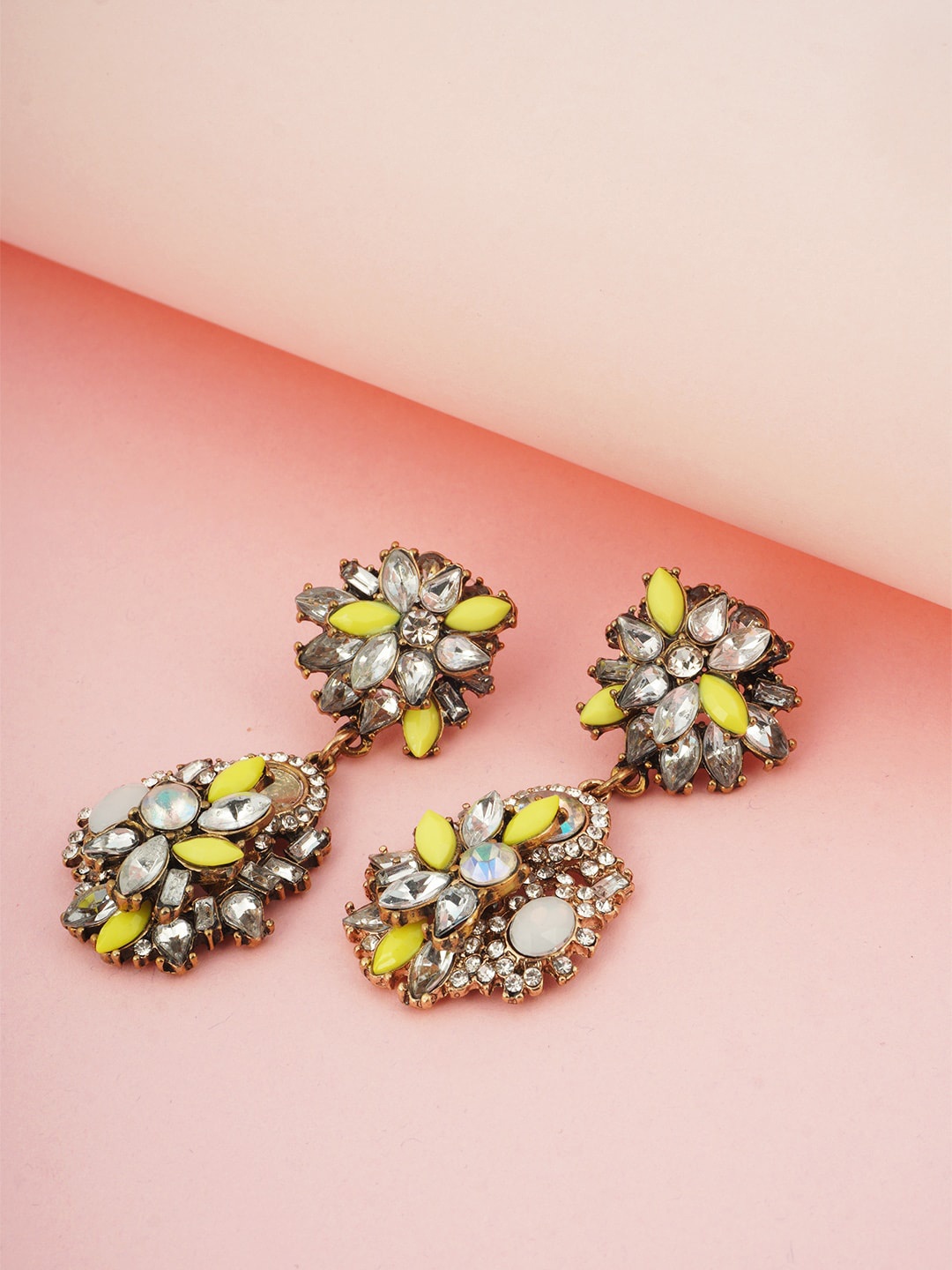 

Ferosh Yellow & White Rhinestone Teardrop Shaped Drop Earrings