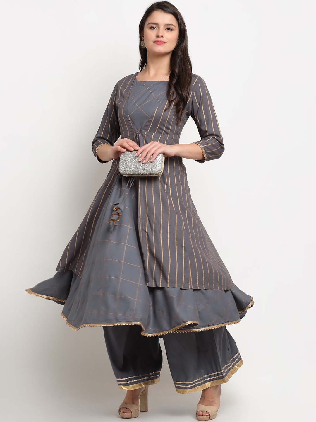 

The Mini NEEDLE Women Grey Layered Gotta Patti Kurta with Palazzos