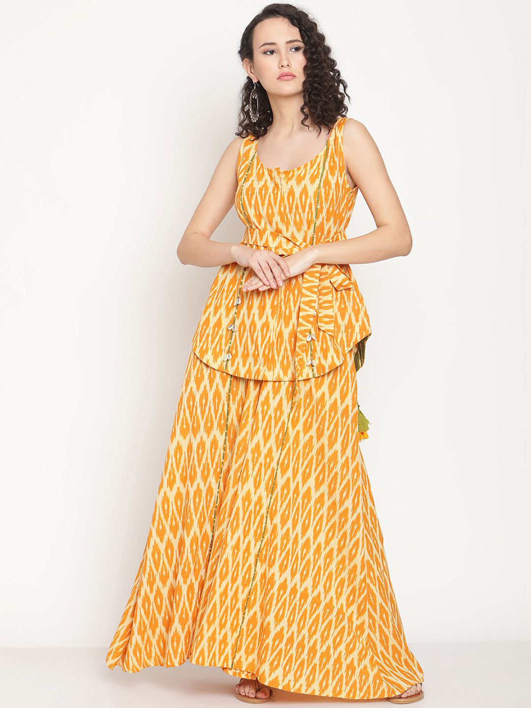 

Abhishti Women Pure Cotton Sleeveless Ikat Kurti with Flared Panelled Palazzos, Yellow
