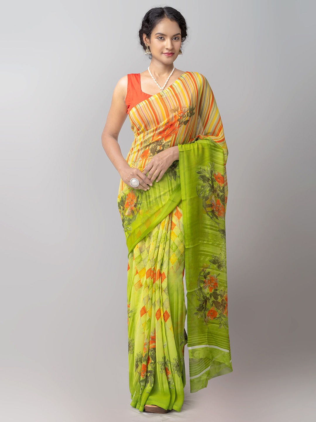 

Unnati Silks Green & Orange Floral Printed Art Chiffon Saree