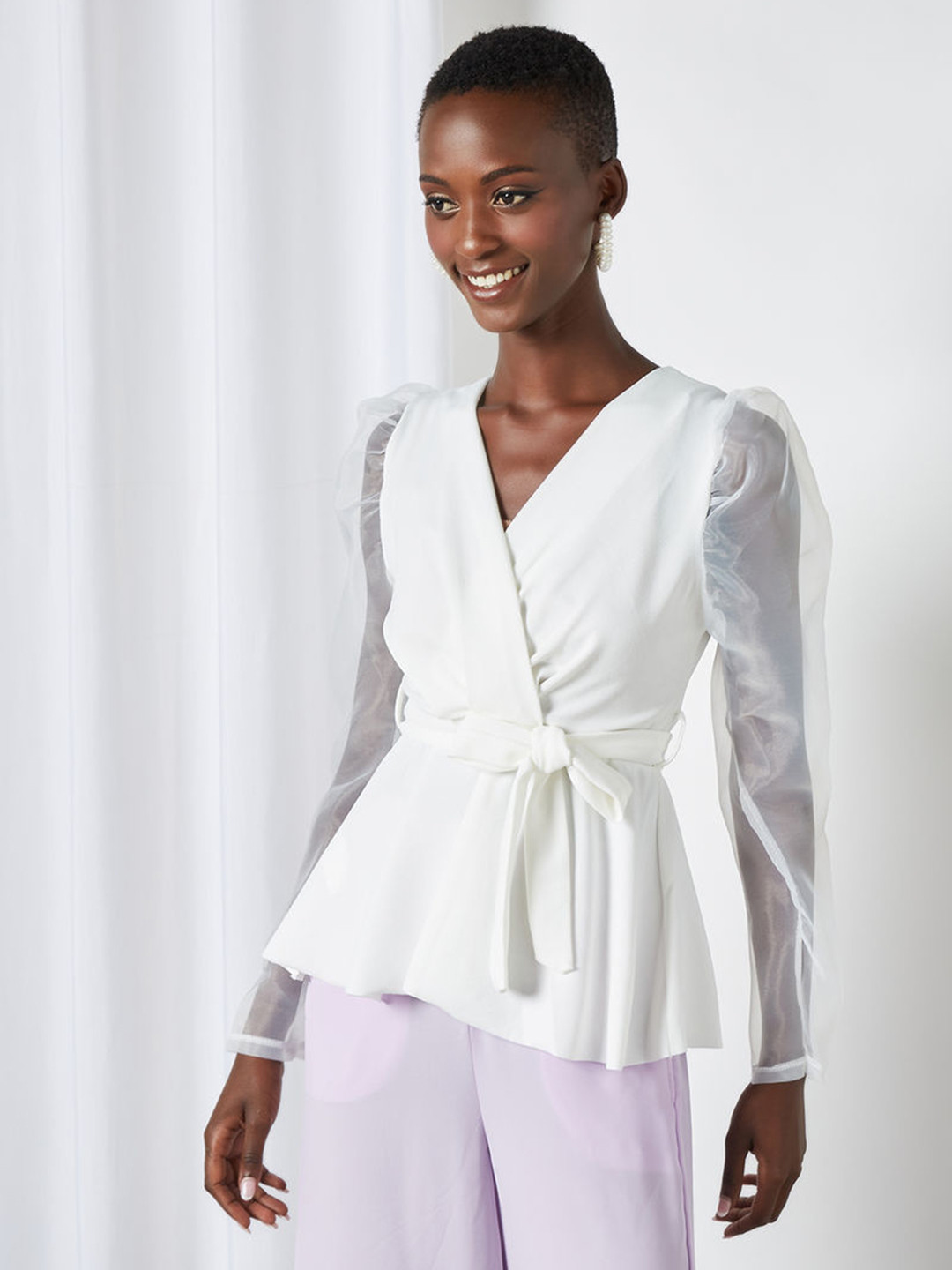 

Femme Luxe Women White Solid Wrap Top