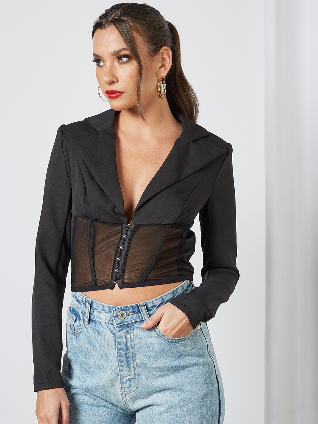 

Femme Luxe Women Black Padded Shoulder Crop Corset Top