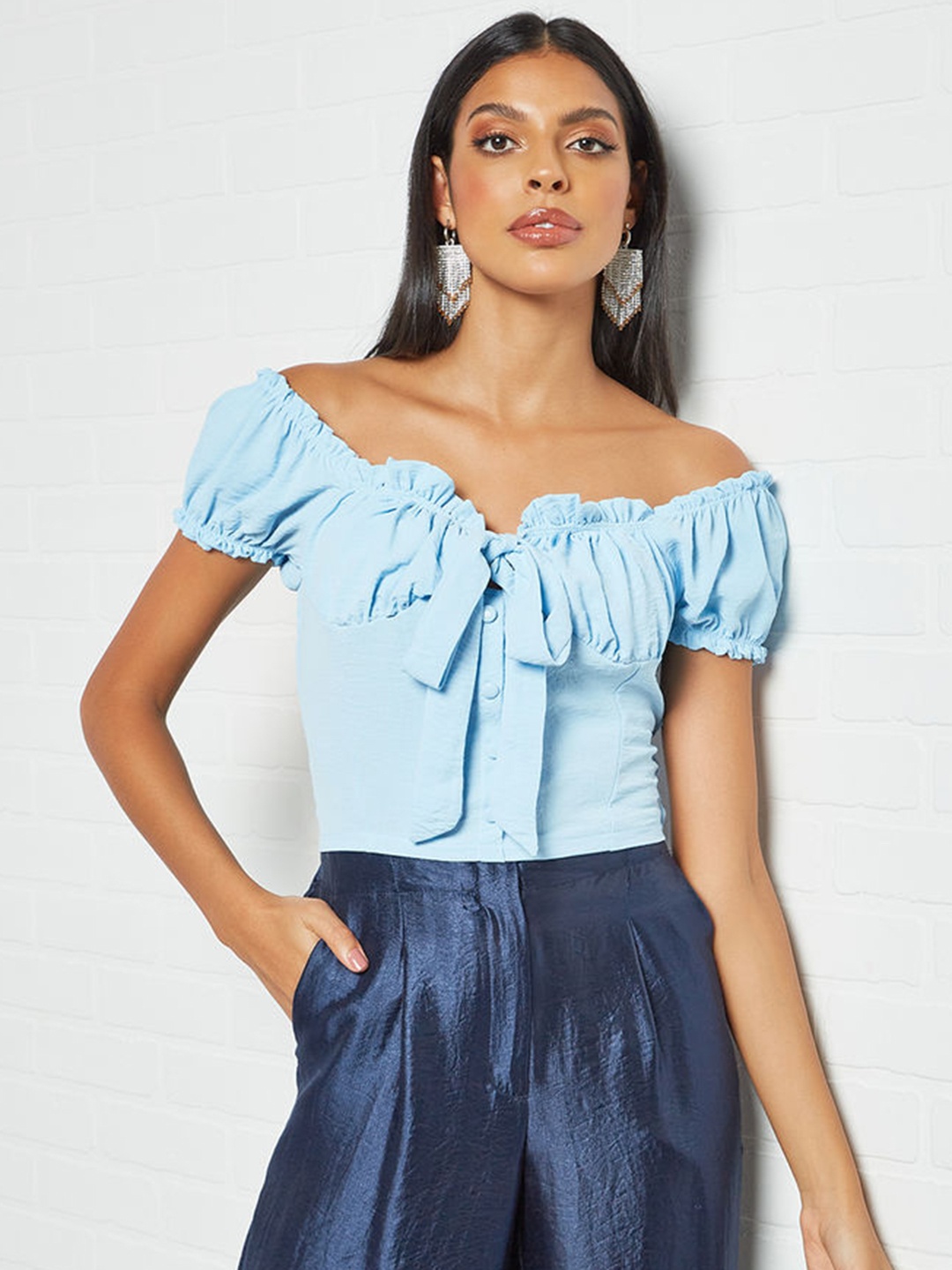 

Femme Luxe Blue Solid Tie-Up Neck Smocked Crop Top