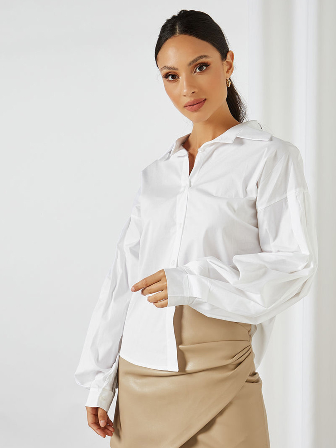 

Femme Luxe Women White Solid Drop-Shoulder Puff Sleeves Casual Shirt