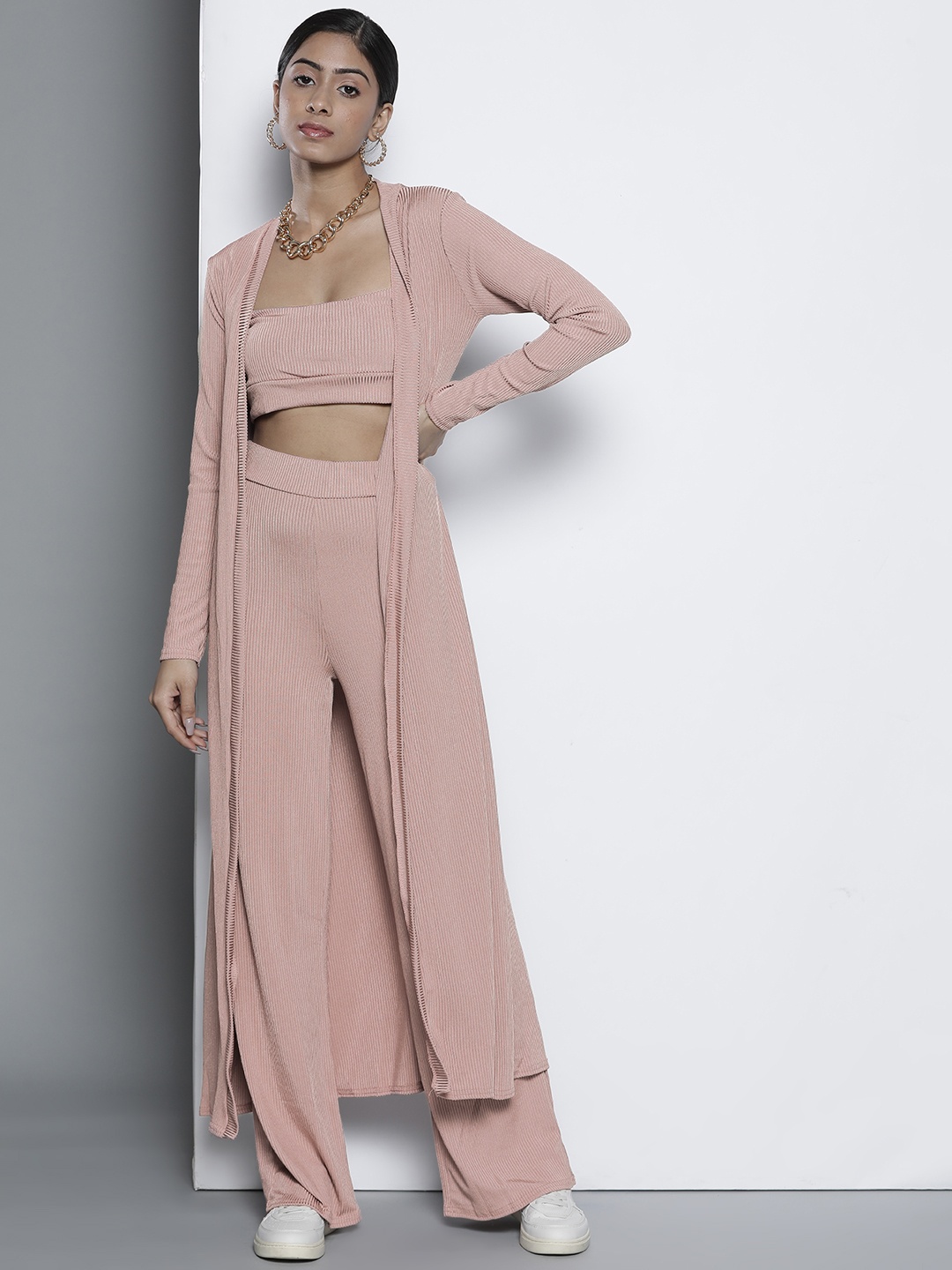

Femme Luxe Women Dusty Pink Ribbed Co-ords with Longline Shrug, Rose