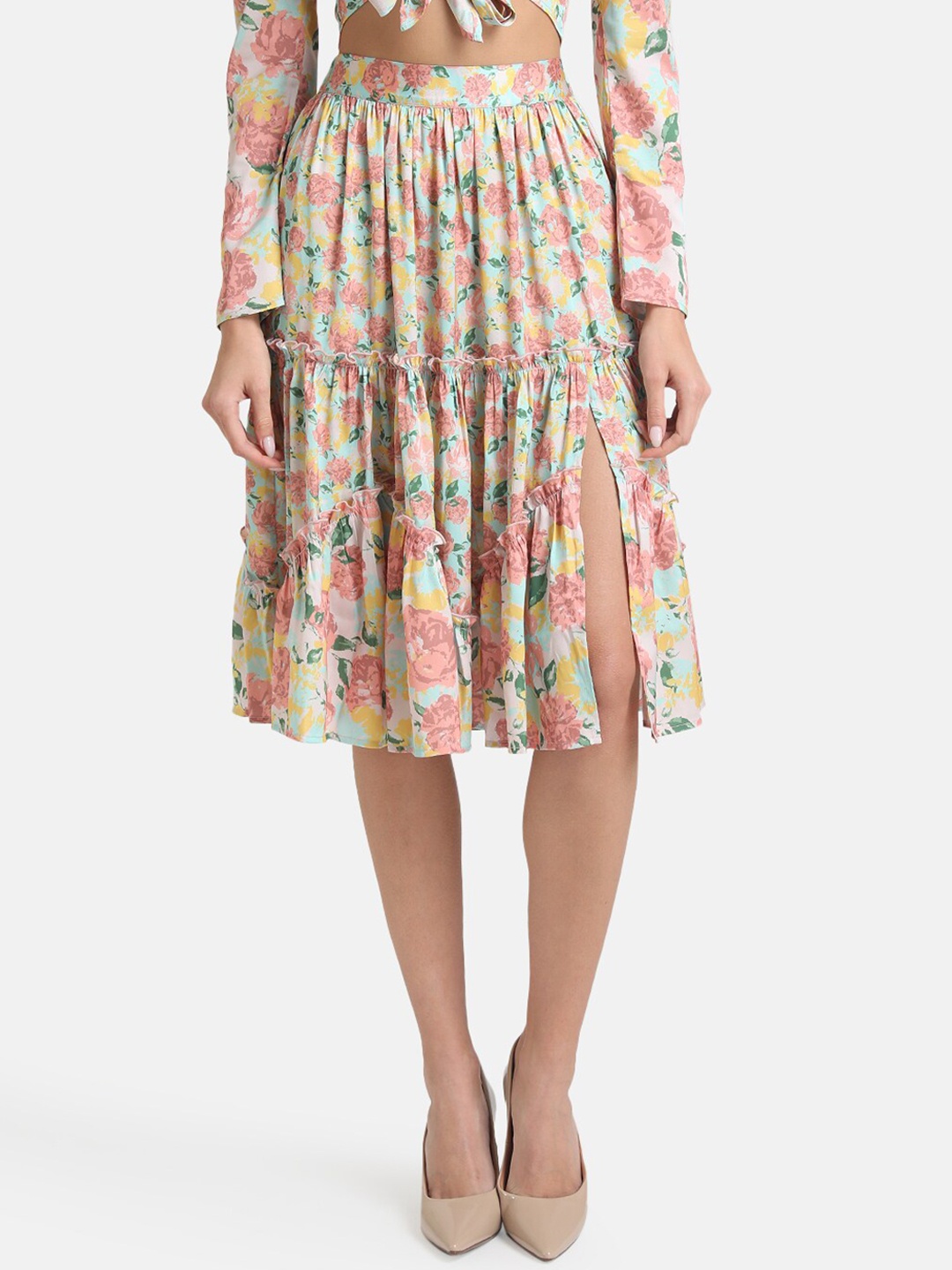 

Kazo Women Yellow & Pink Tiered Floral Printed Skirt