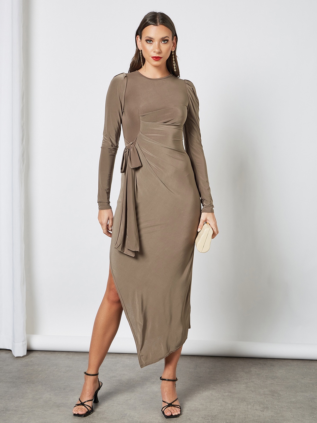 

Femme Luxe Women Brown Solid Sheath Midi Dress