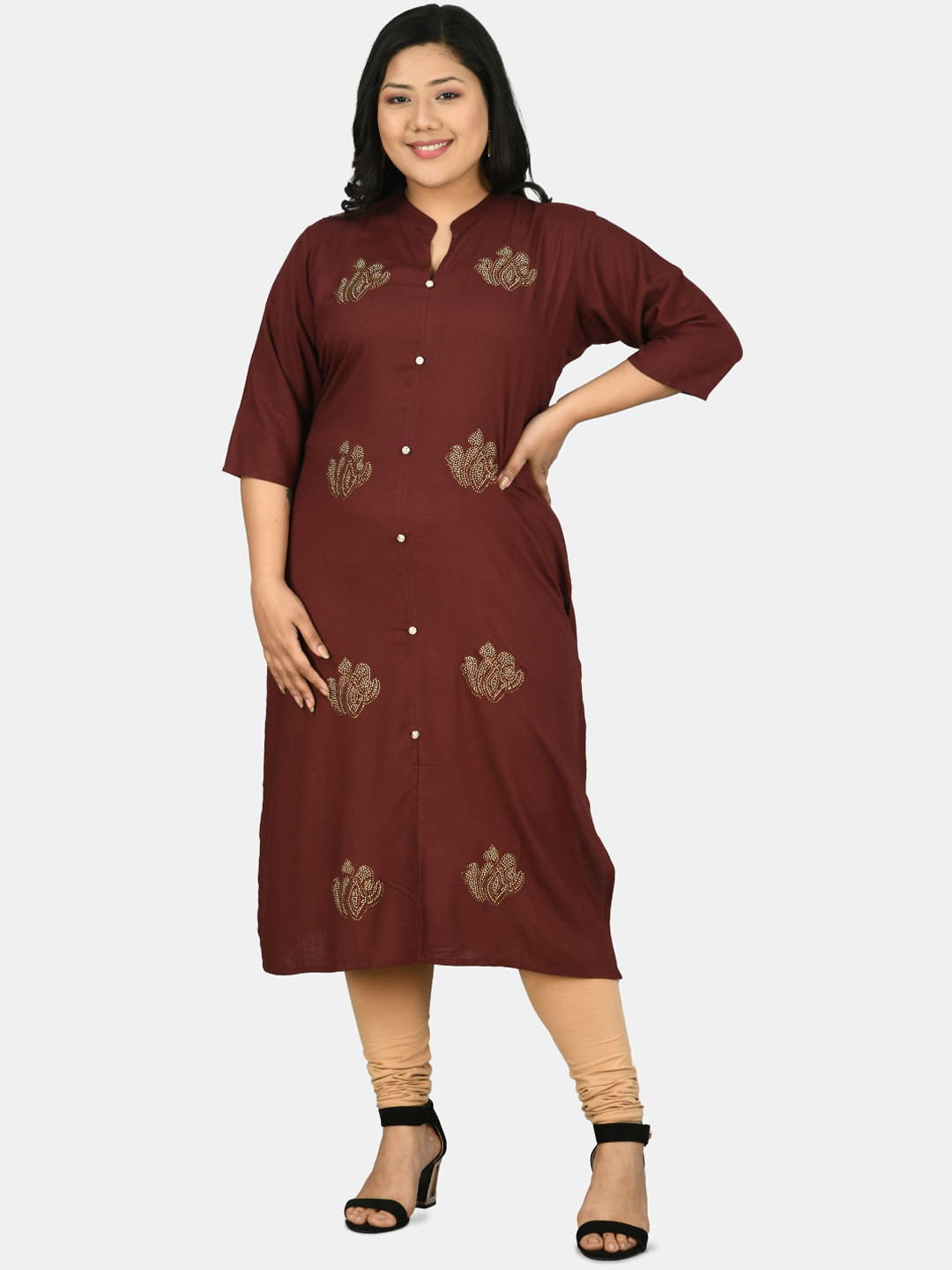 

PrettyPlus by Desinoor.com Women Plus Size Brown Embellished Gotta Patti Kurta