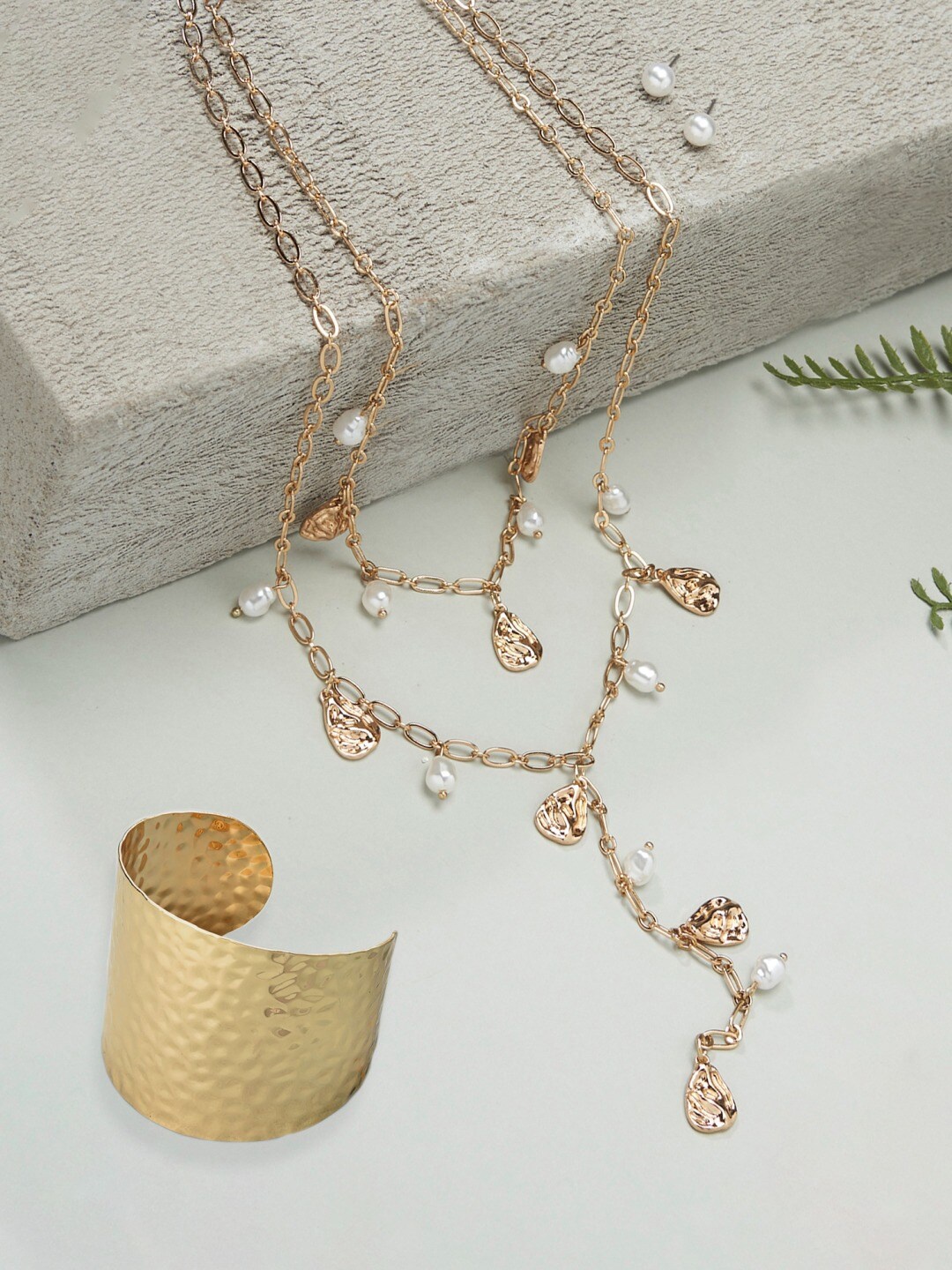 

AMI Gold-Toned & Gold-Plated Layered Chain with Studded Earrings & Bracelet Set