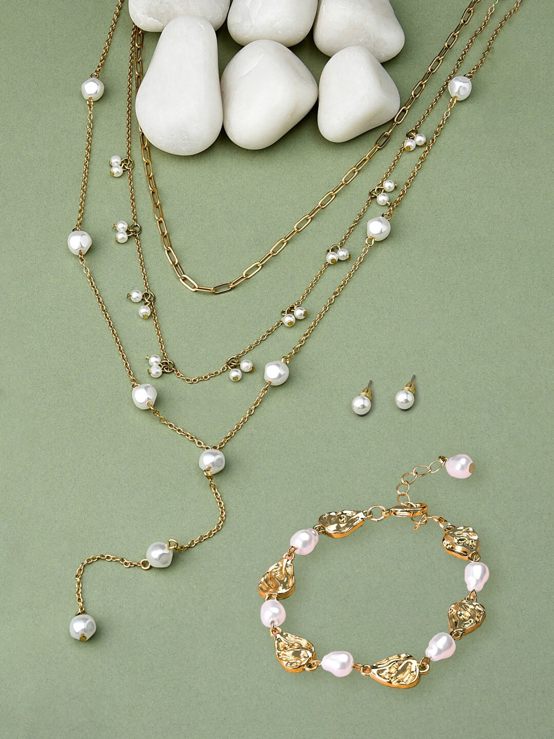 

AMI Gold-Toned & White Gold-Plated Layered Chain With Earring & Bracelet
