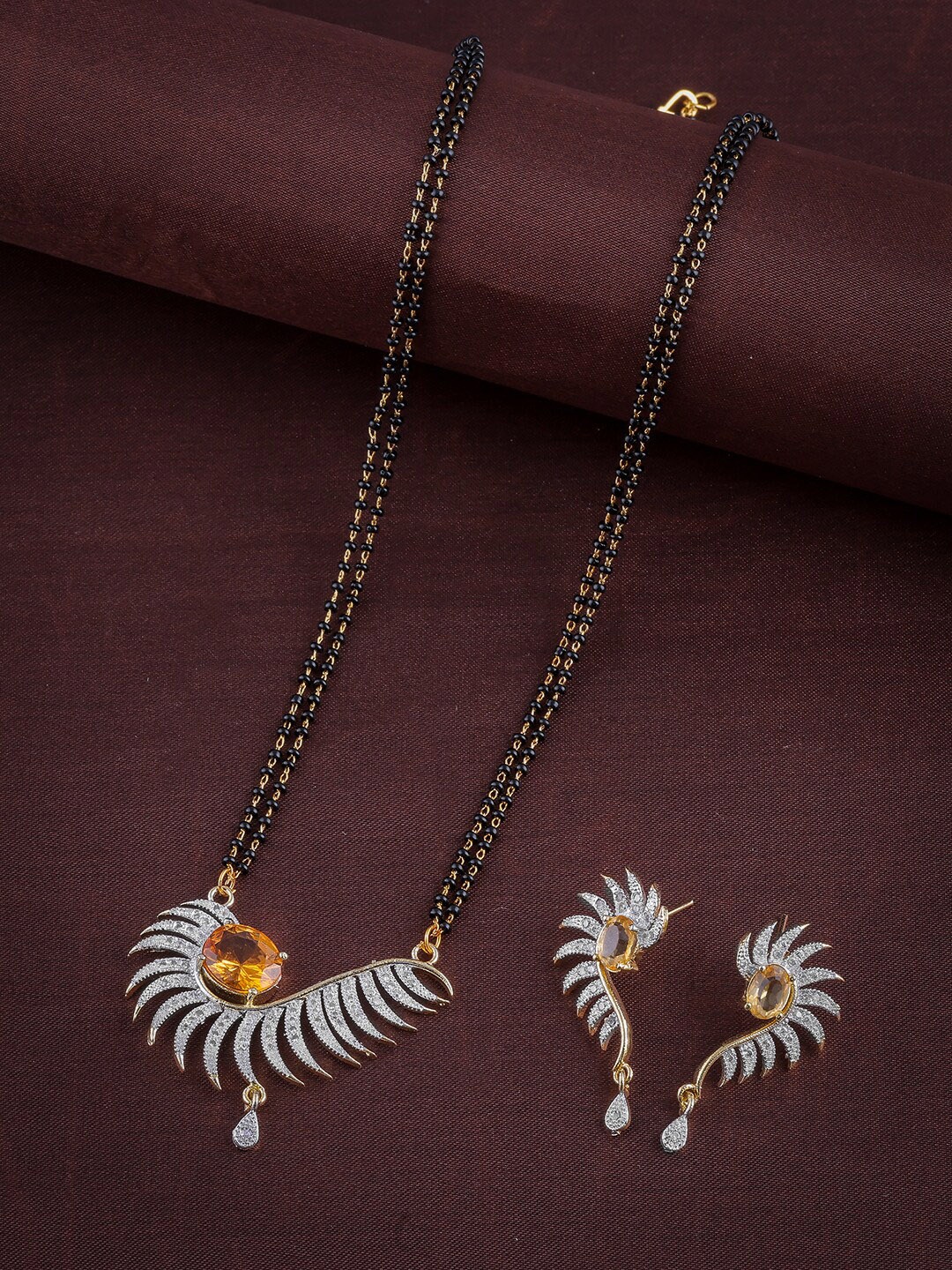 

Brandsoon Gold-Plated White & Orange AD-Studded & Beaded Mangalsutra With Earrings