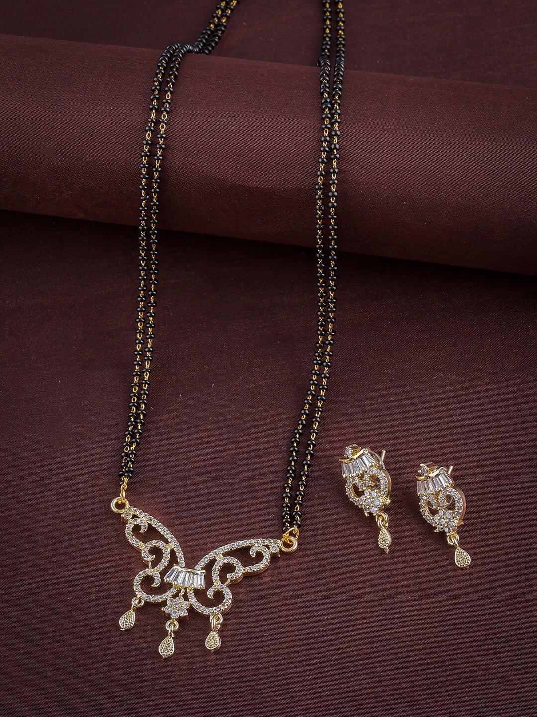 

Brandsoon Gold-Plated White & Black AD-Studded & Beaded Mangalsutra With Earrings