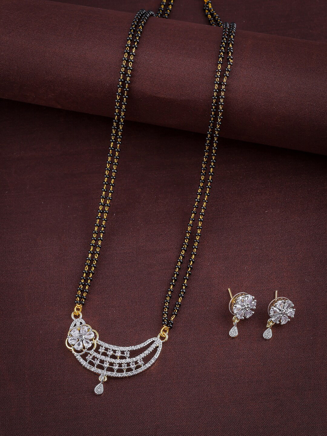 

Brandsoon Gold-Plated American Diamond Studded Mangalsutra With Earrings
