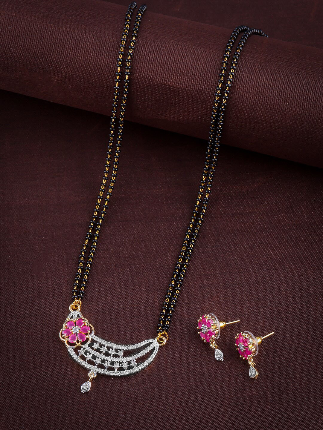 

Brandsoon Gold-Plated & Black Beaded AD-Studded Mangalsutra With Earring Set, Multi