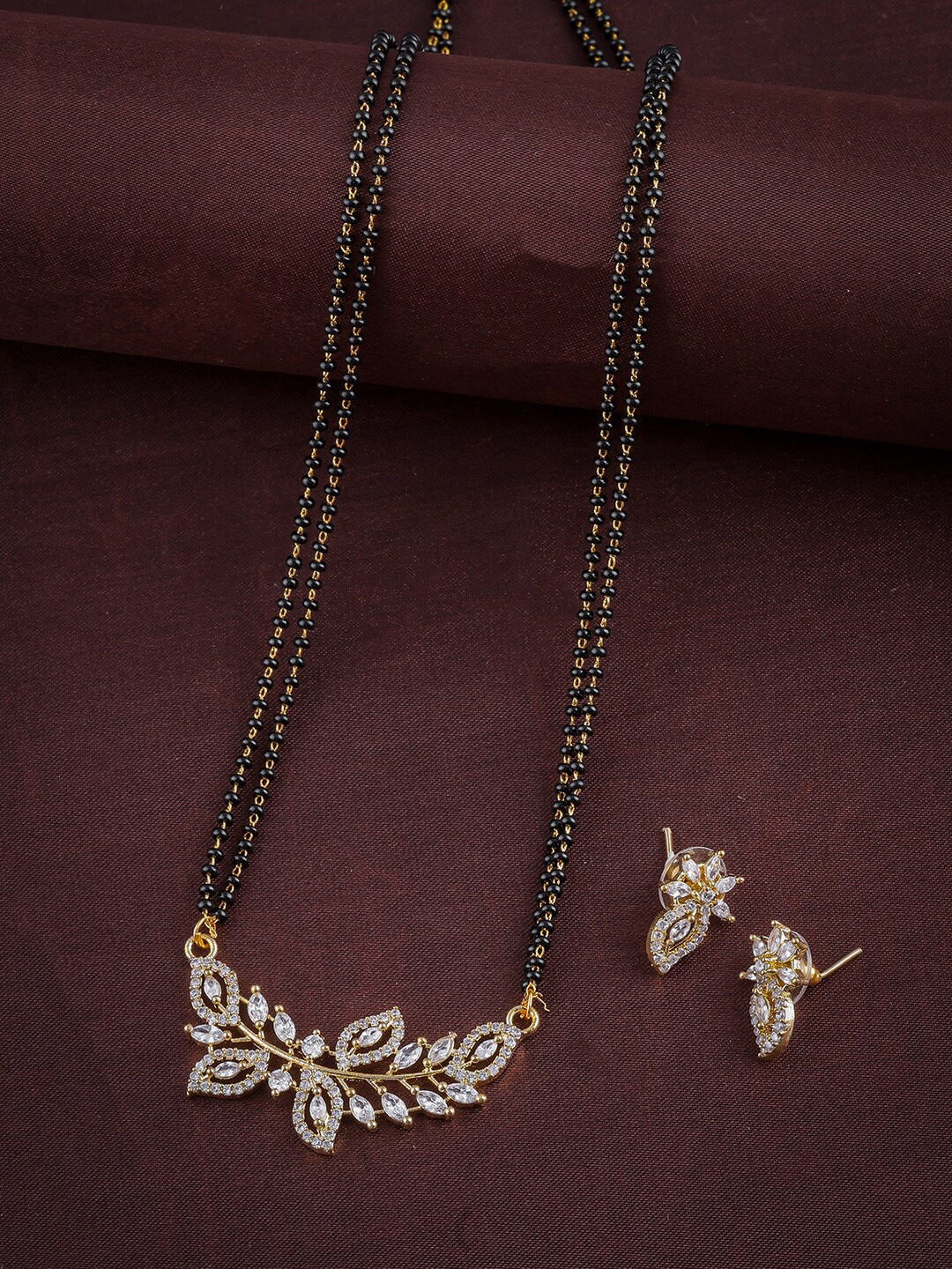 

Brandsoon Gold-Plated Black Beaded Stone-Studded Mangalsutra with Earrings