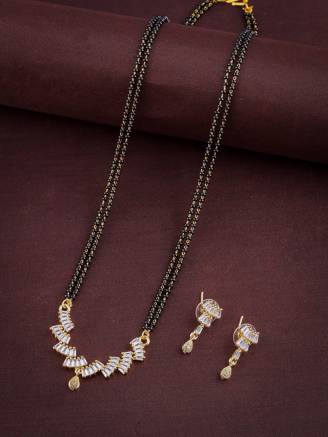 

Brandsoon Gold-Plated American Diamond Studded Mangalsutra With Earrings
