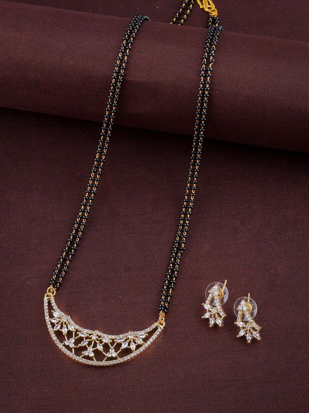 

Brandsoon Gold-Plated & Black Beaded AD-Studded Mangalsutra With Earring Set