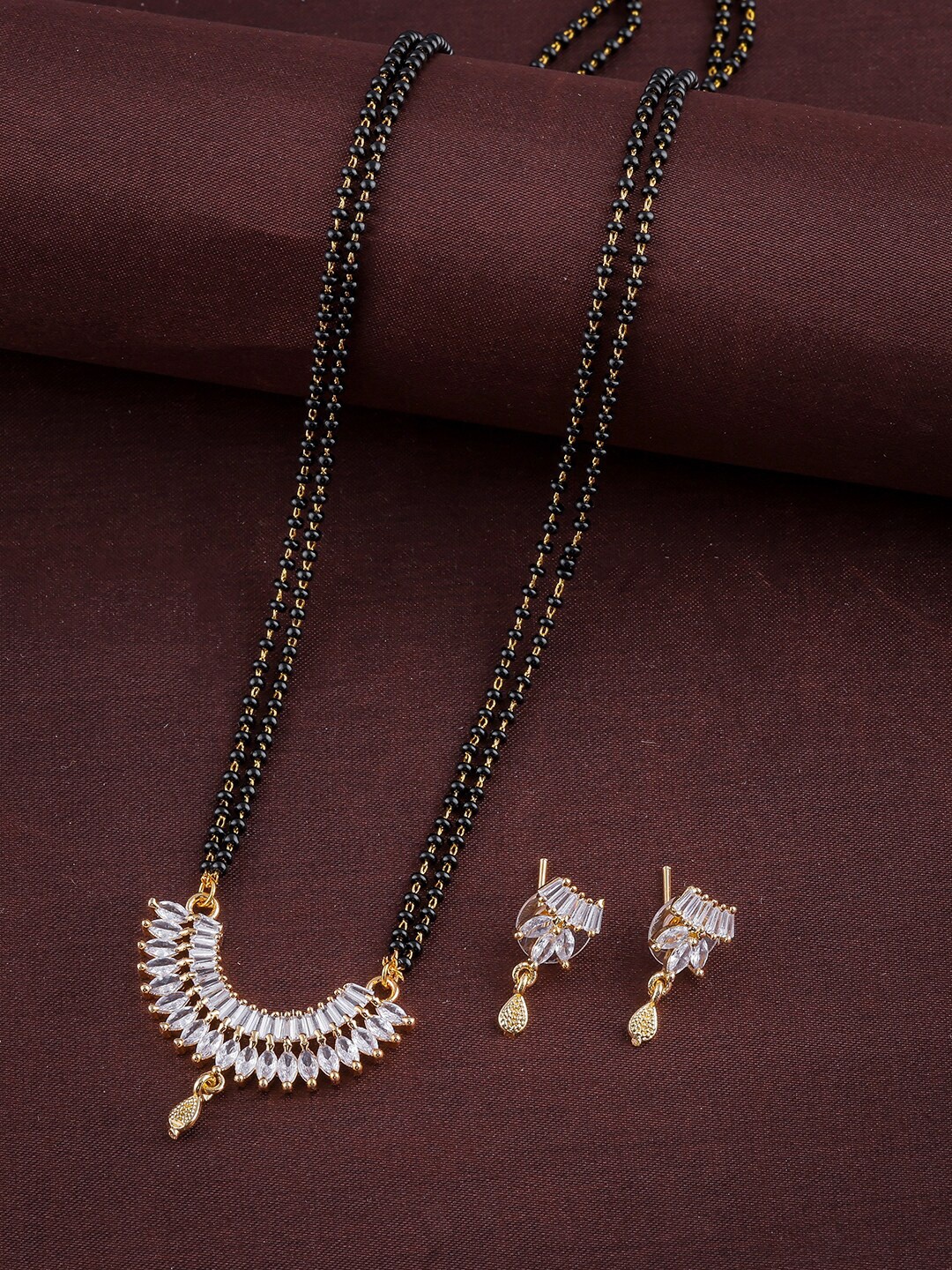

Brandsoon Gold-Plated White & Black AD-Studded & Beaded Mangalsutra With Earrings