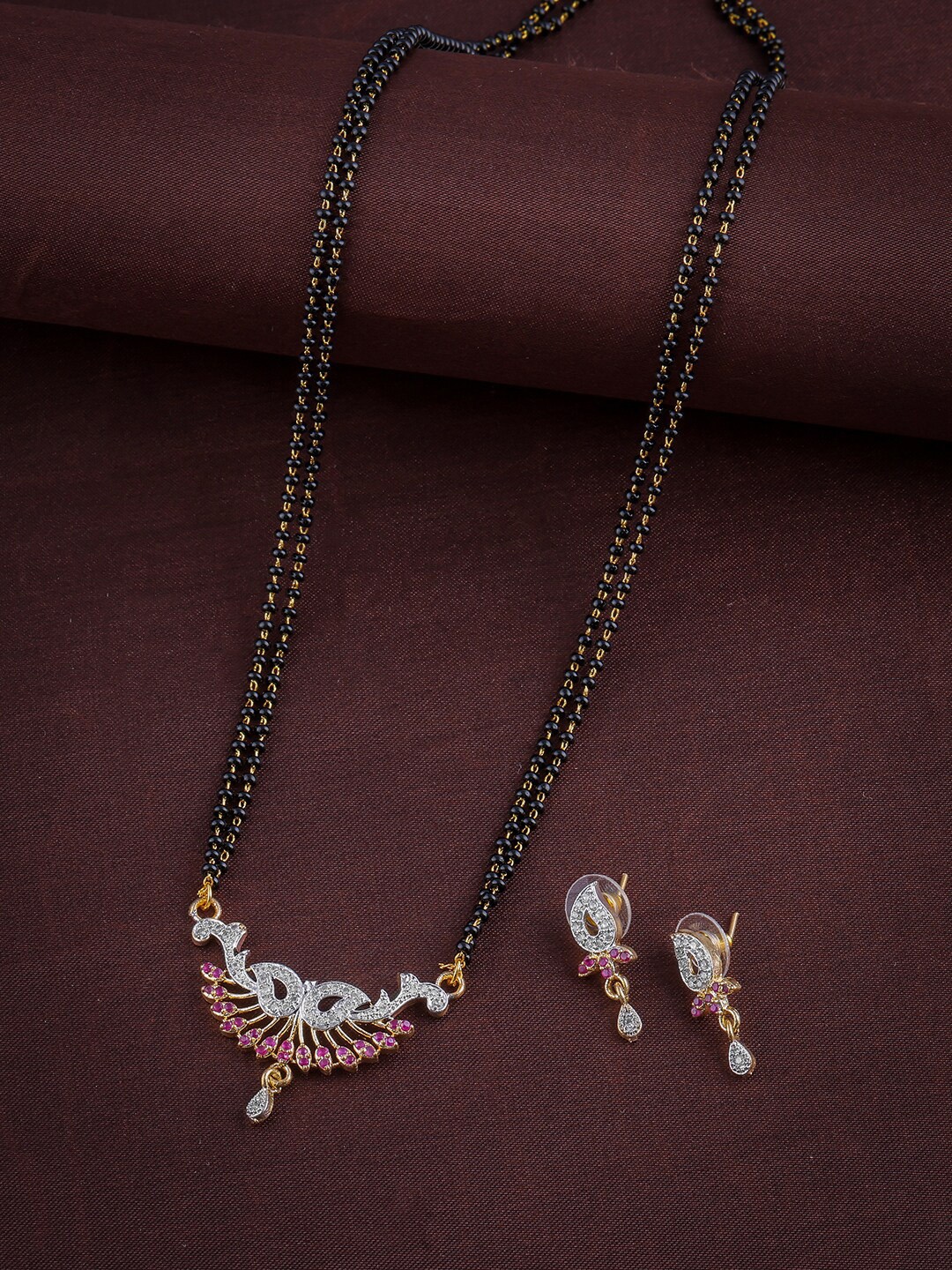 

Brandsoon Gold-Plated Beaded & AD-Studded Mangalsutra With Earring Set, Multi