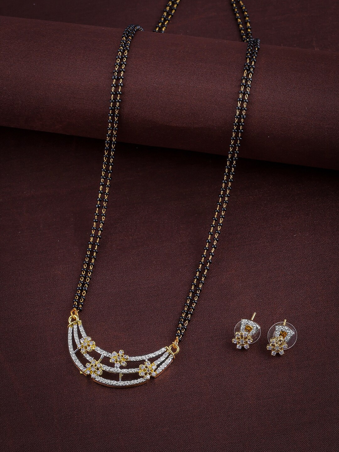 

Brandsoon Gold-Plated Black & White AD-Studded & Beaded Mangalsutra With Earrings