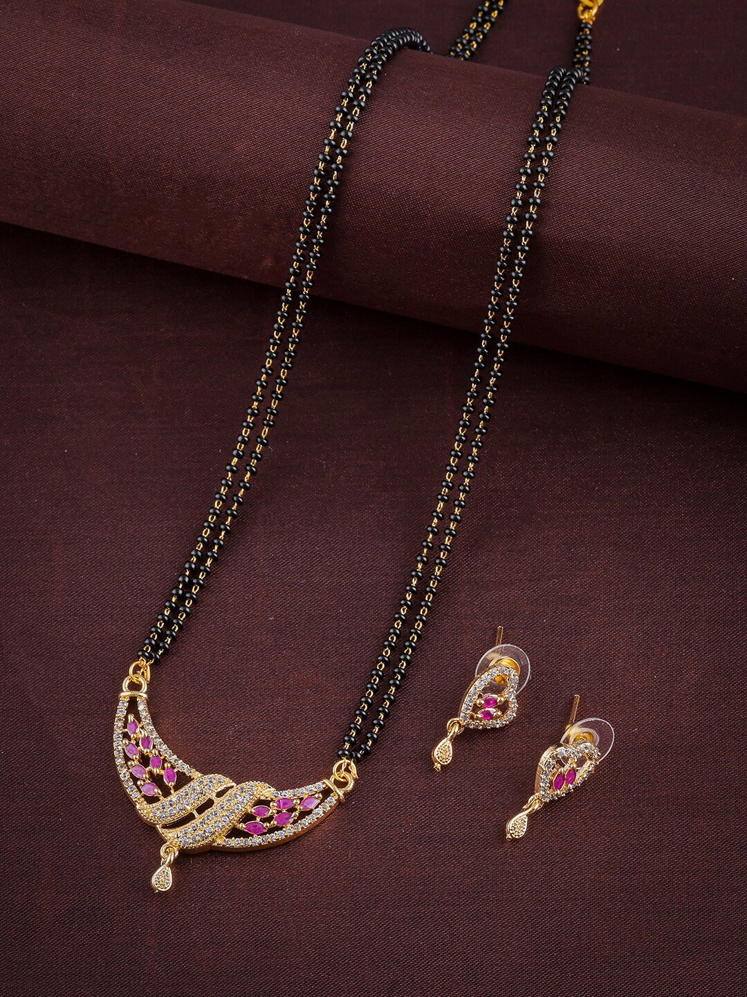 

Brandsoon Gold-Plated White & Black AD-Studded & Beaded Mangalsutra With Earrings