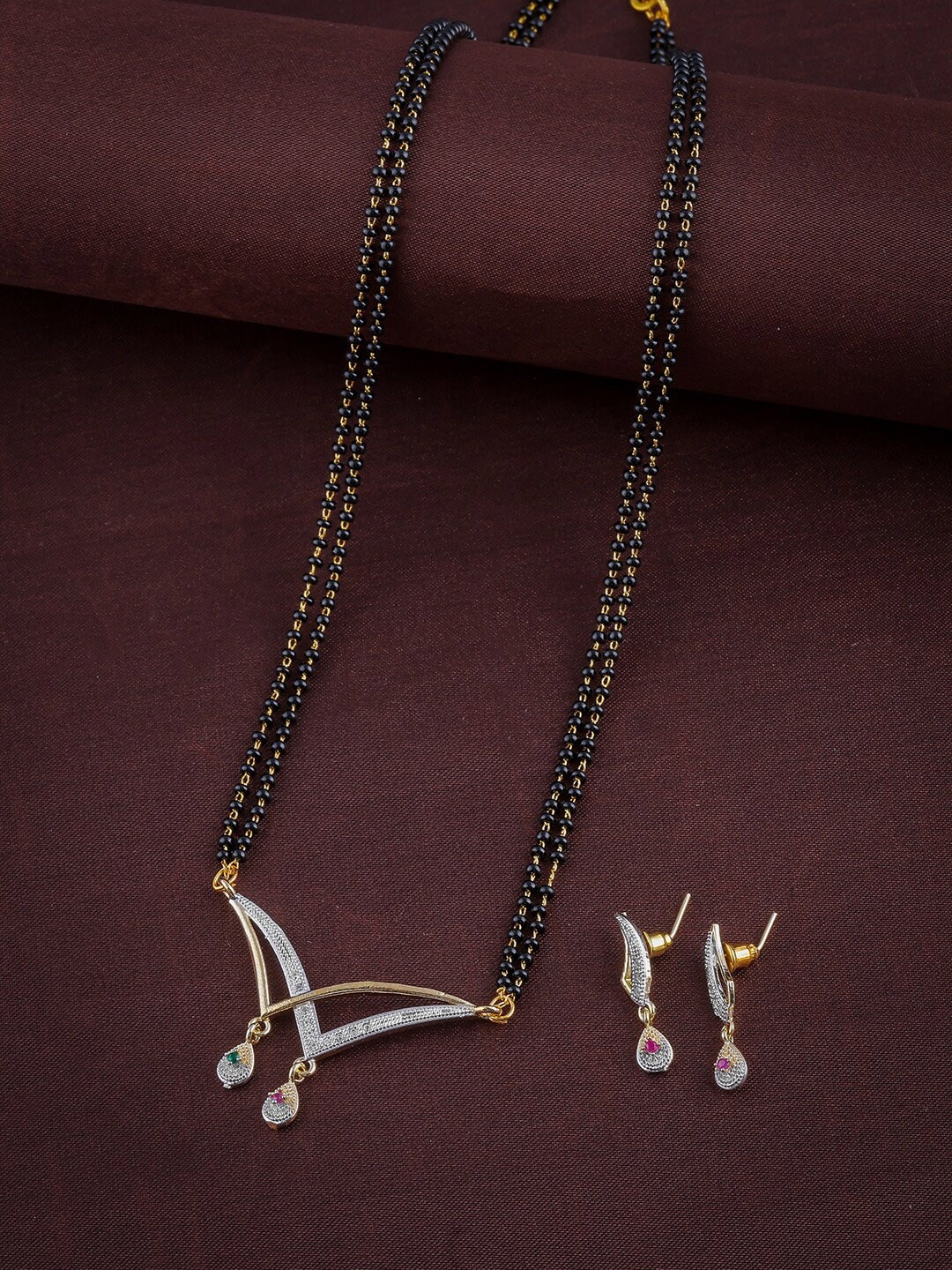 

Brandsoon Gold-Plated American Diamond Studded Mangalsutra With Earring
