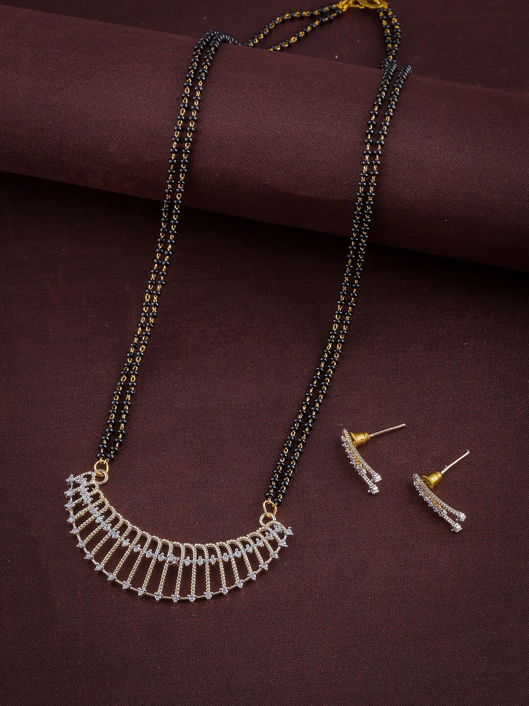 

Brandsoon Women Gold-Plated & Black Stone-Studded & Beaded Mangalsutra With Earrings